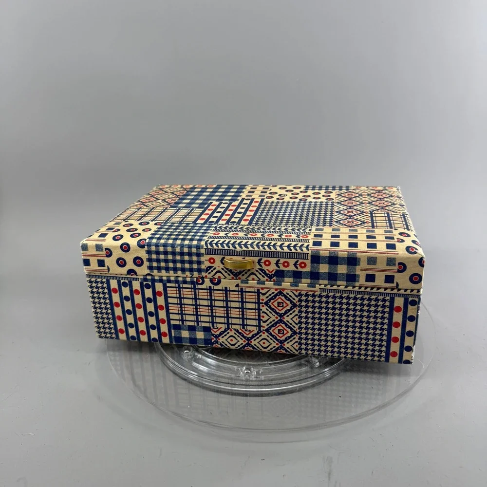 Buxton Vintage Jewelry Box Patchwork Geometric Print Organizer Blue Red USA